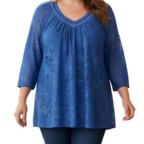 Catherine's 1X Top Blouse Blue Lace Overlay 3/4 Sleeve V-Neck Boho Classy Modest - Picture 1 of 14